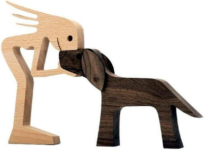 FHDTW Handmade Wooden Unique Gift for Dog Lover, Wooden Man and Dog Carving Statue, Wood Sculpture Home Office Tabletop Figurine Carved Wood Decor (A)