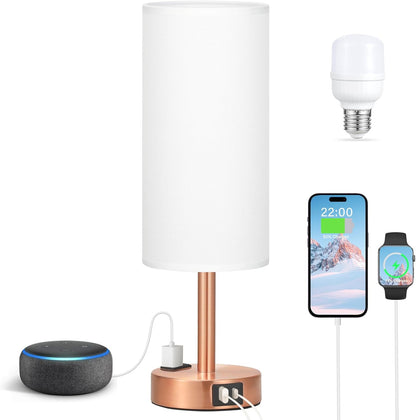 Bedside Table Lamp for Bedroom - 3 Way Dimmable Touch Lamp USB C Charging Ports and AC Outlet, Small Lamp Wood Base Round Flaxen Fabric Shade for Living Room, Desk, LED Bulb Included