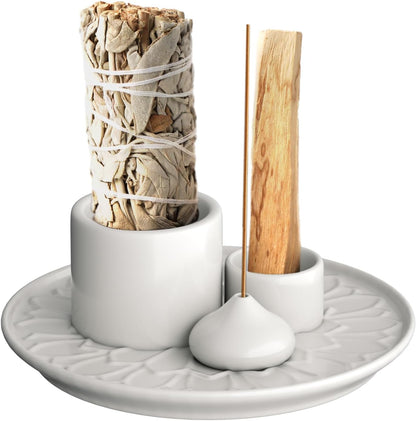 Palo Santo Holder – 4 in 1 Ceramic Incense & Candle Burner Ash Catcher Tray for Smudging, Meditation, Yoga, Relaxation – Heat Resistant, Easy to Clean