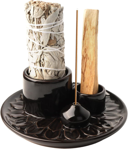 Palo Santo Holder – 4 in 1 Ceramic Incense & Candle Burner Ash Catcher Tray for Smudging, Meditation, Yoga, Relaxation – Heat Resistant, Easy to Clean