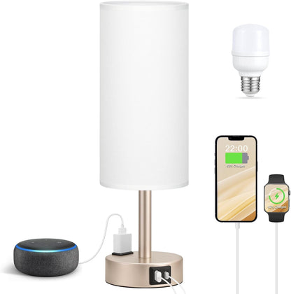 Bedside Table Lamp for Bedroom - 3 Way Dimmable Touch Lamp USB C Charging Ports and AC Outlet, Small Lamp Wood Base Round Flaxen Fabric Shade for Living Room, Desk, LED Bulb Included