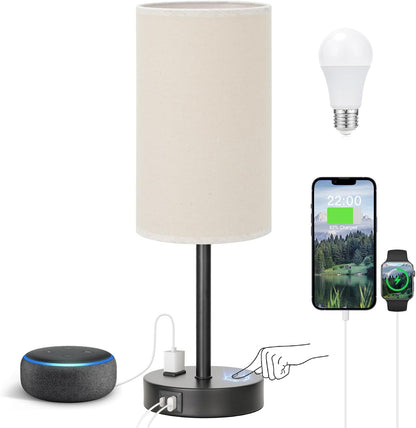 Bedside Table Lamp for Bedroom - 3 Way Dimmable Touch Lamp USB C Charging Ports and AC Outlet, Small Lamp Wood Base Round Flaxen Fabric Shade for Living Room, Desk, LED Bulb Included