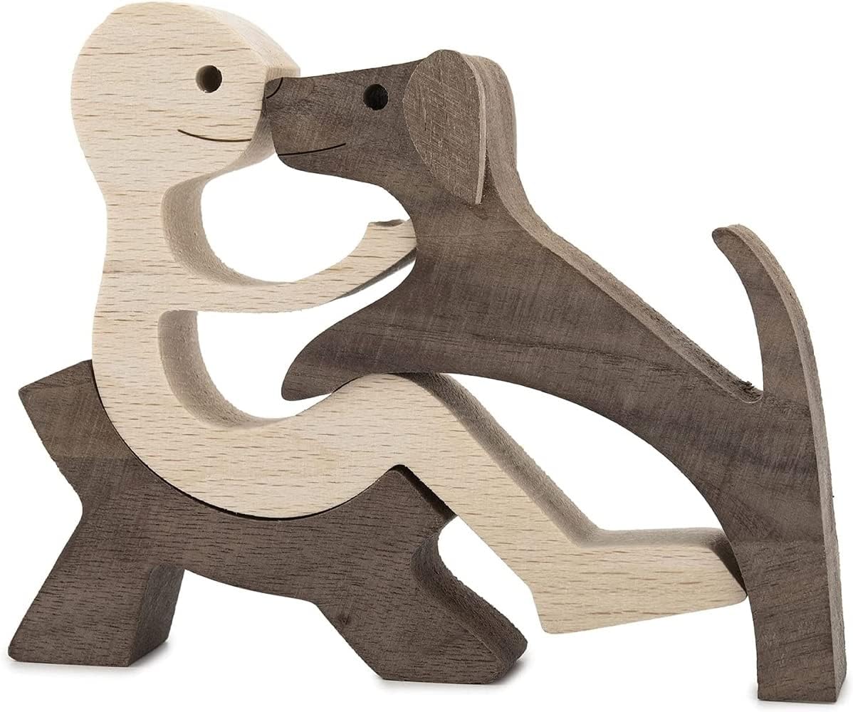 FHDTW Handmade Wooden Unique Gift for Dog Lover, Wooden Man and Dog Carving Statue, Wood Sculpture Home Office Tabletop Figurine Carved Wood Decor (A)