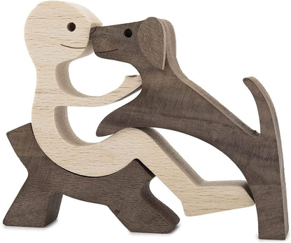 FHDTW Handmade Wooden Unique Gift for Dog Lover, Wooden Man and Dog Carving Statue, Wood Sculpture Home Office Tabletop Figurine Carved Wood Decor (A)