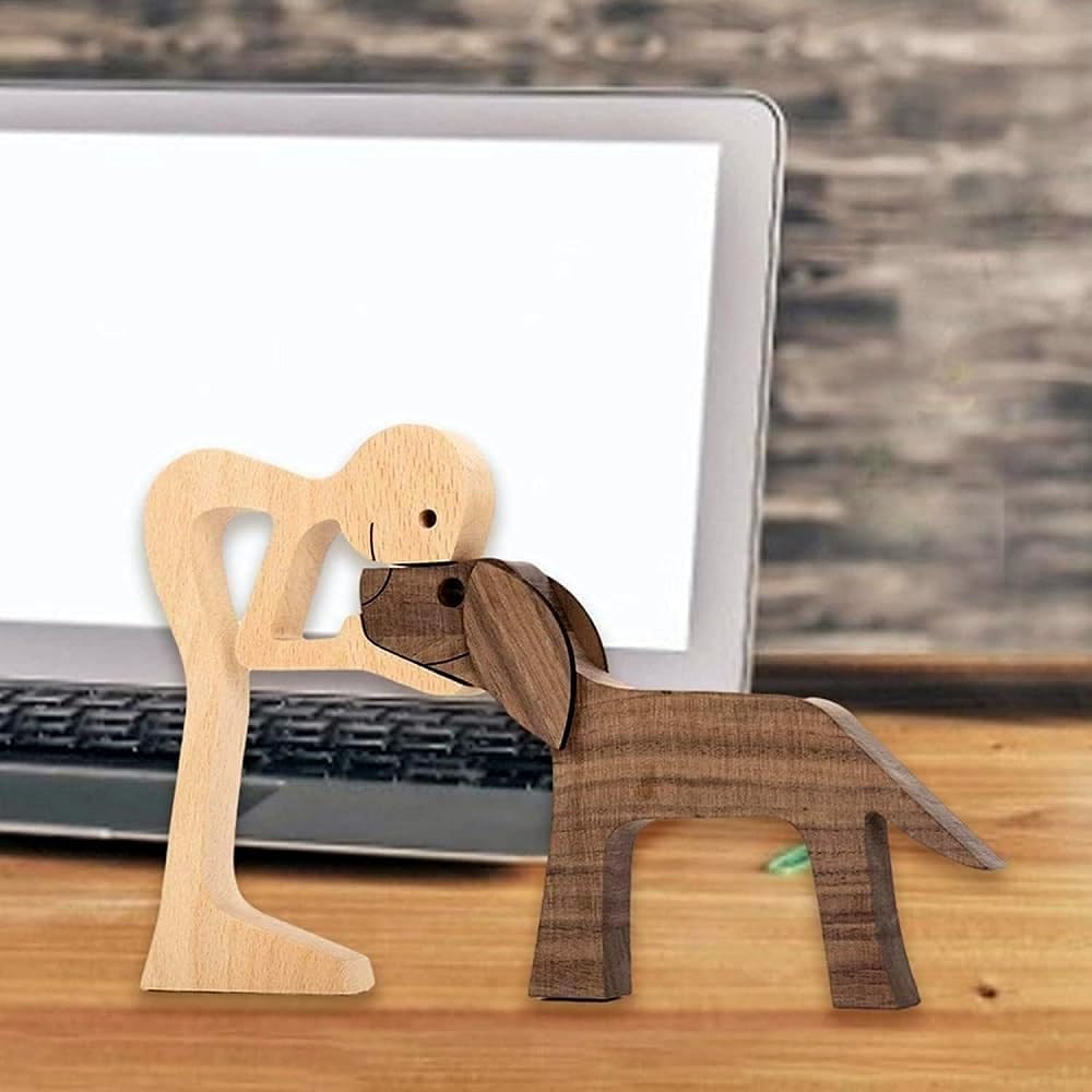 FHDTW Handmade Wooden Unique Gift for Dog Lover, Wooden Man and Dog Carving Statue, Wood Sculpture Home Office Tabletop Figurine Carved Wood Decor (A)