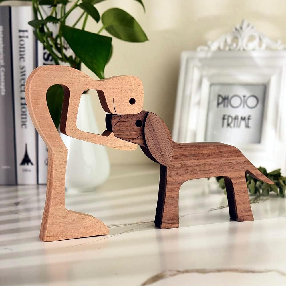 FHDTW Handmade Wooden Unique Gift for Dog Lover, Wooden Man and Dog Carving Statue, Wood Sculpture Home Office Tabletop Figurine Carved Wood Decor (A)
