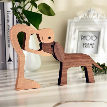 FHDTW Handmade Wooden Unique Gift for Dog Lover, Wooden Man and Dog Carving Statue, Wood Sculpture Home Office Tabletop Figurine Carved Wood Decor (A)
