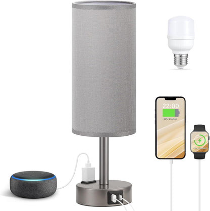 Bedside Table Lamp for Bedroom - 3 Way Dimmable Touch Lamp USB C Charging Ports and AC Outlet, Small Lamp Wood Base Round Flaxen Fabric Shade for Living Room, Desk, LED Bulb Included