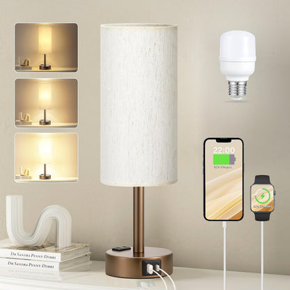 Bedside Table Lamp for Bedroom - 3 Way Dimmable Touch Lamp USB C Charging Ports and AC Outlet, Small Lamp Wood Base Round Flaxen Fabric Shade for Living Room, Desk, LED Bulb Included