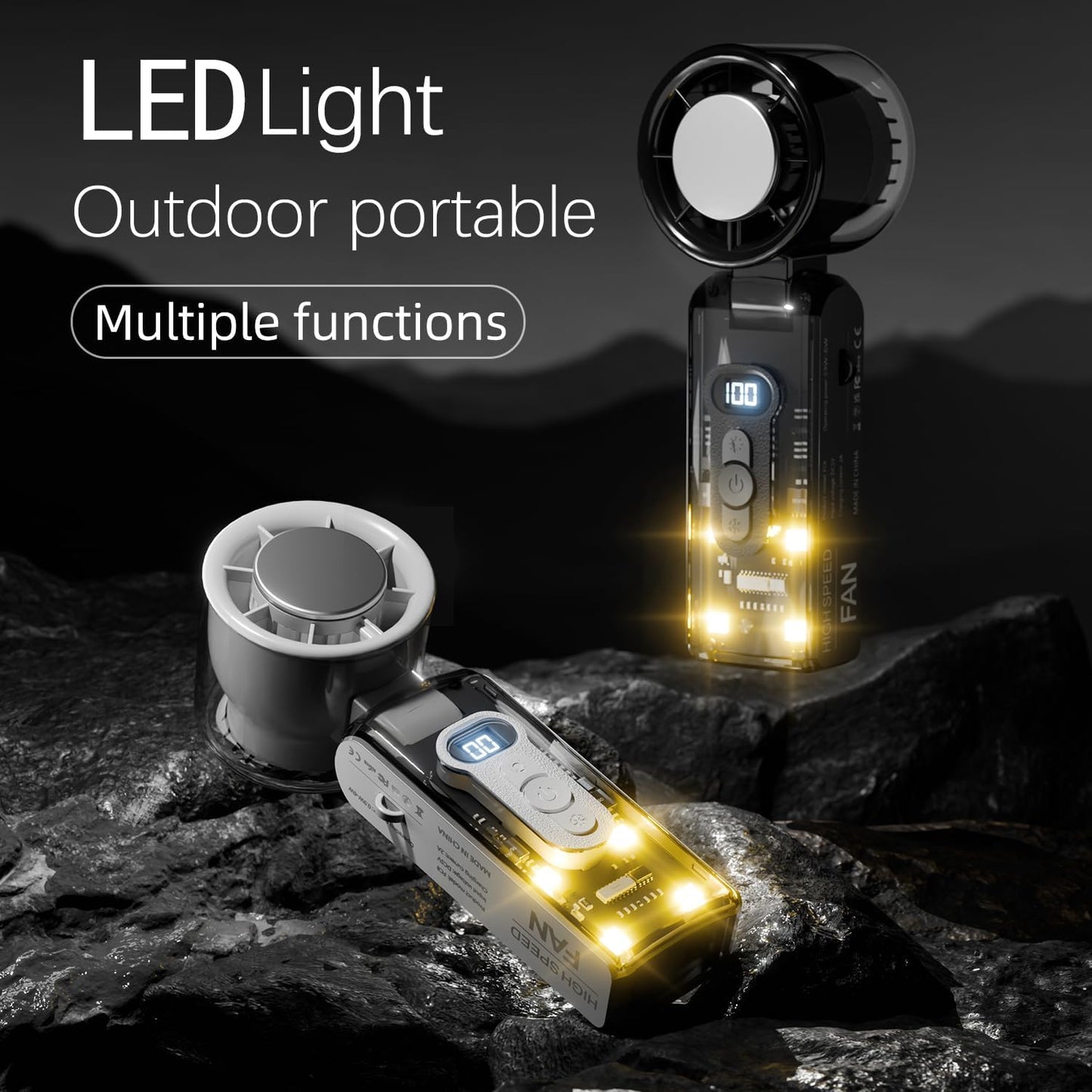 Fay Bless Portable Handheld Fan Rechargeable – LED Turbo Fan with Foldable Design, LED Light, Long Battery Life, Personal Mini Fan for Travel, Camping, Outdoor, Desktop Cooling