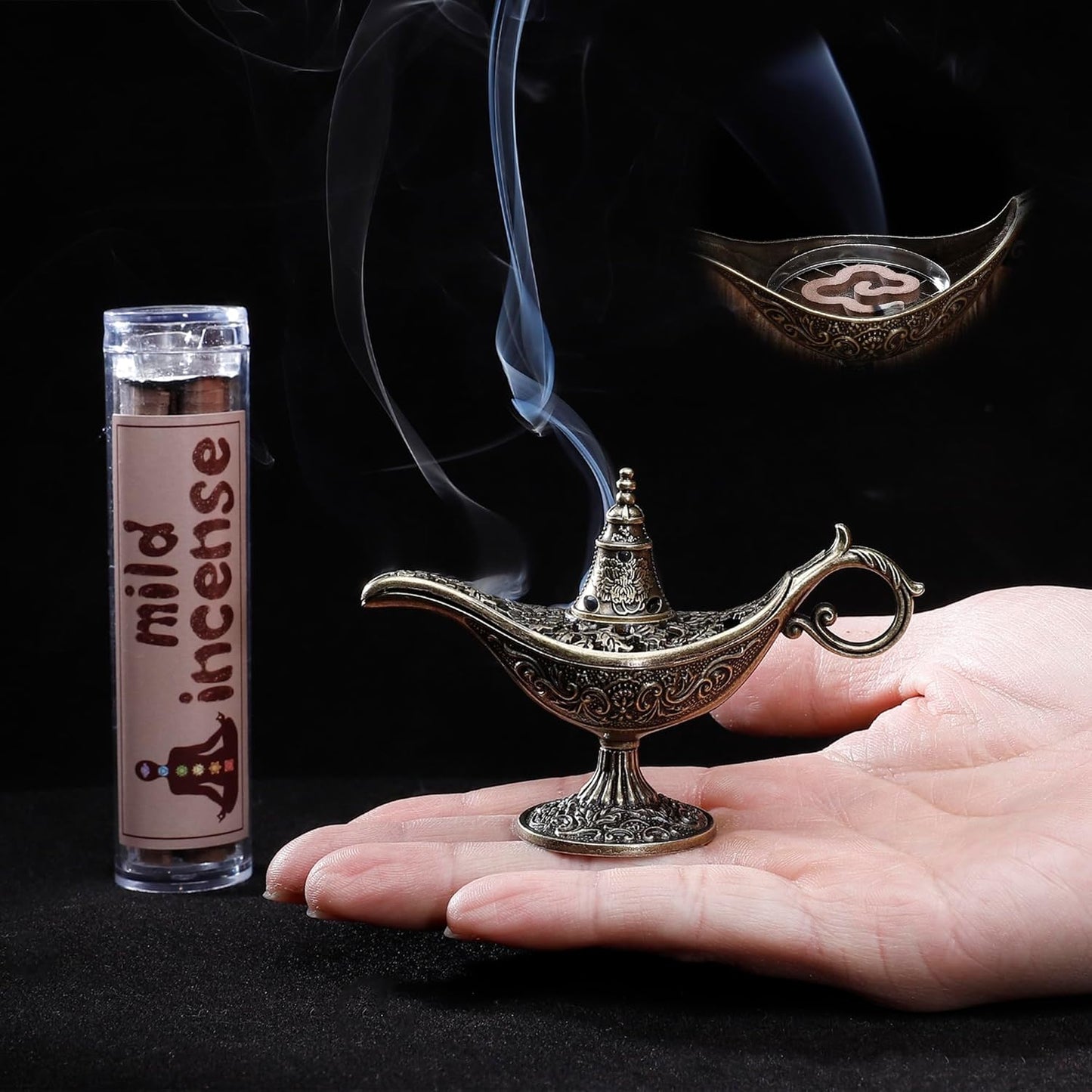 Fay Bless Mini Genie Lamp Incense Burner – Vintage Alloy Aromatherapy Holder for Meditation, Yoga & Home Decor