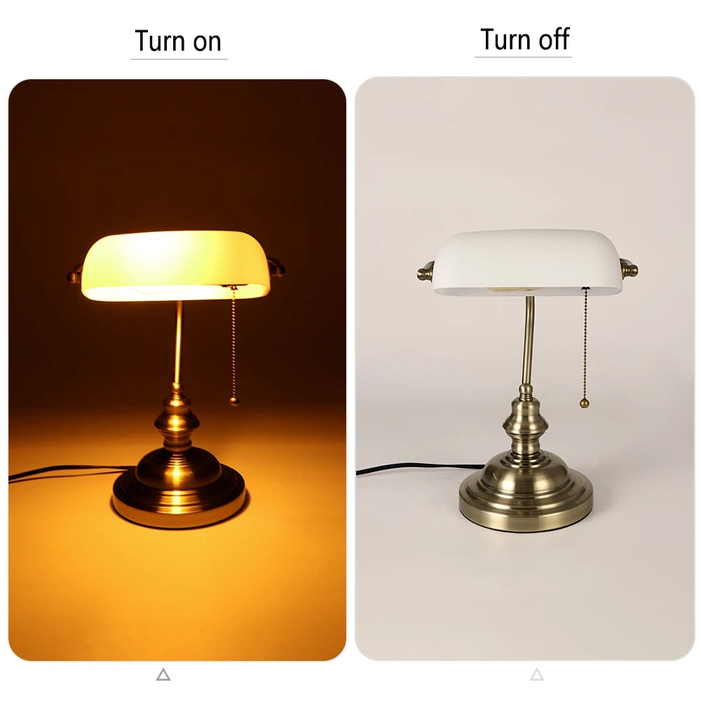 Glass Banker's Desk Lamp with Zipper Switch - Vintage Table Light for Bedroom, Study, Library & Office