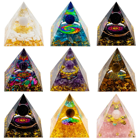 Natural Crystal Energy Generator Pyramid - Peridot Amethyst Reiki Healing Chakra Resin Pyramid Egyptian Home Decor