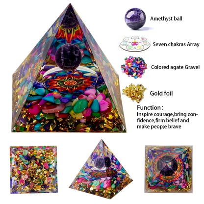 Natural Crystal Energy Generator Pyramid - Peridot Amethyst Reiki Healing Chakra Resin Pyramid Egyptian Home Decor