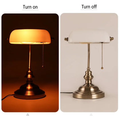 Glass Banker's Desk Lamp with Zipper Switch - Vintage Table Light for Bedroom, Study, Library & Office