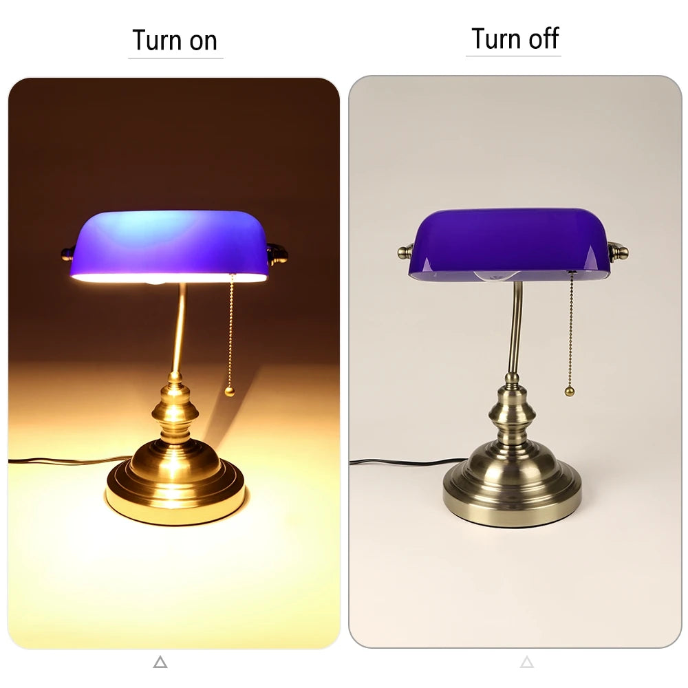 Glass Banker's Desk Lamp with Zipper Switch - Vintage Table Light for Bedroom, Study, Library & Office