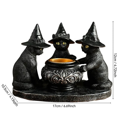 Halloween Magic Cat Candle Holder Ghost Witch Statue Desktop Candlestick for Halloween Haunting Party Festival Home Decor Gift