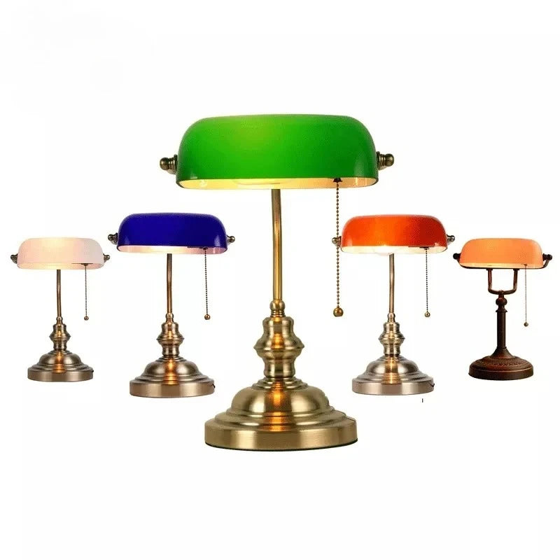 Glass Banker's Desk Lamp with Zipper Switch - Vintage Table Light for Bedroom, Study, Library & Office