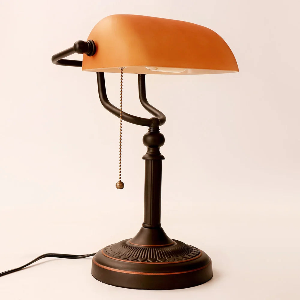 Glass Banker's Desk Lamp with Zipper Switch - Vintage Table Light for Bedroom, Study, Library & Office