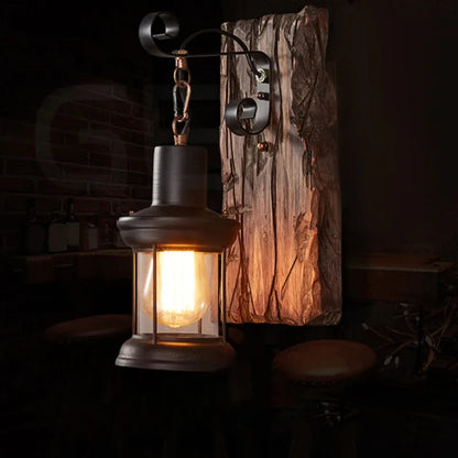 Antique New Style Industrial Wood Wall Sconce - Rustic Wall Lamp with Iron Metal Art for Bar Loft Corridor Decor