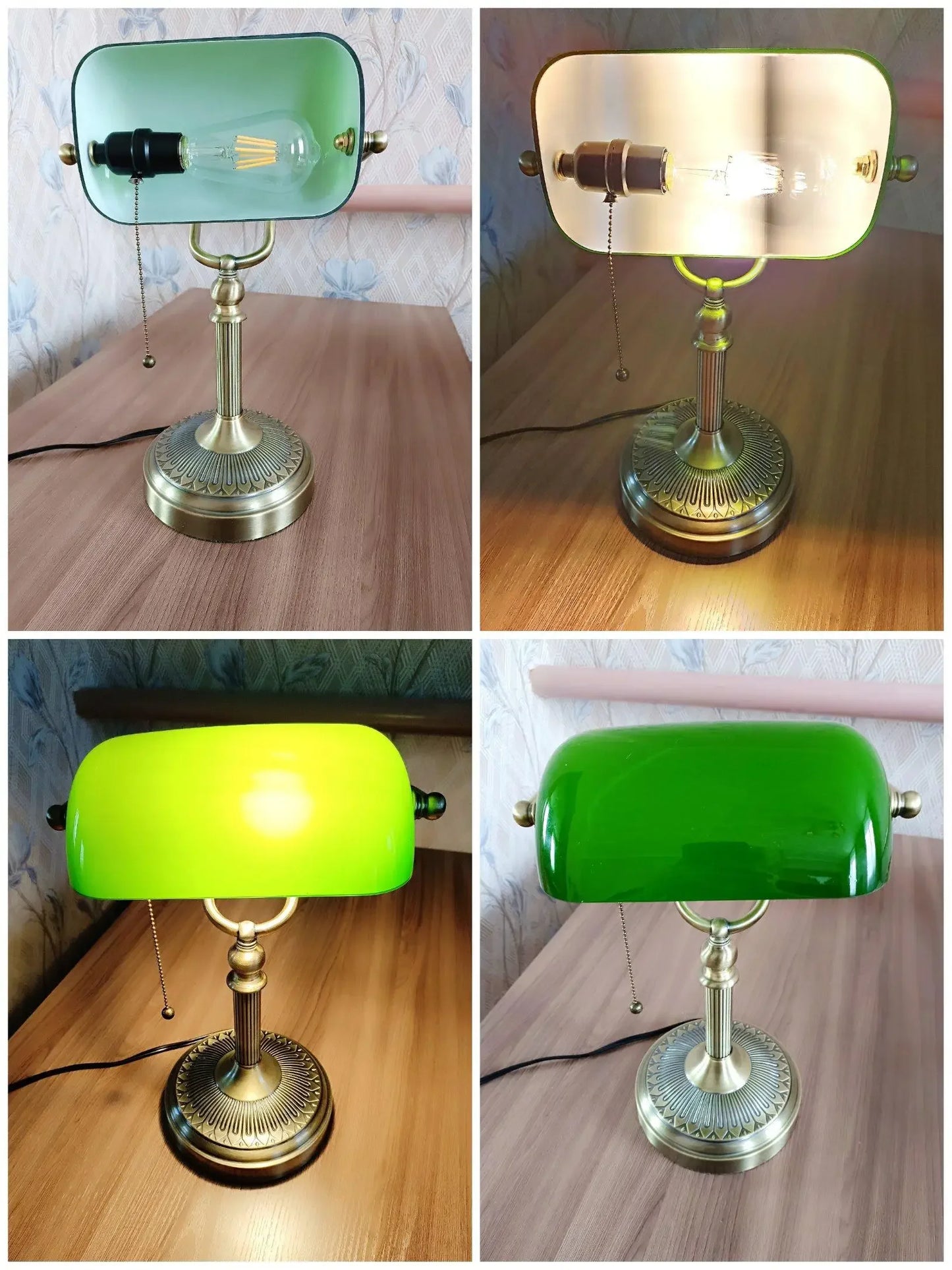 Glass Banker's Desk Lamp with Zipper Switch - Vintage Table Light for Bedroom, Study, Library & Office
