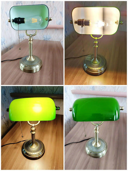 Glass Banker's Desk Lamp with Zipper Switch - Vintage Table Light for Bedroom, Study, Library & Office
