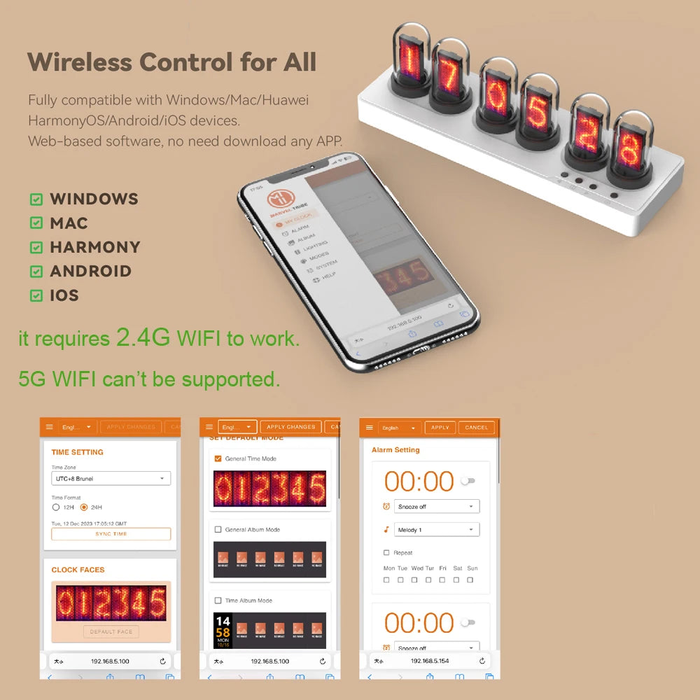 WiFi Nixie Tube Alarm Clock - RGB Smart LED Clock with DIY Photo Display for Game Room Decor