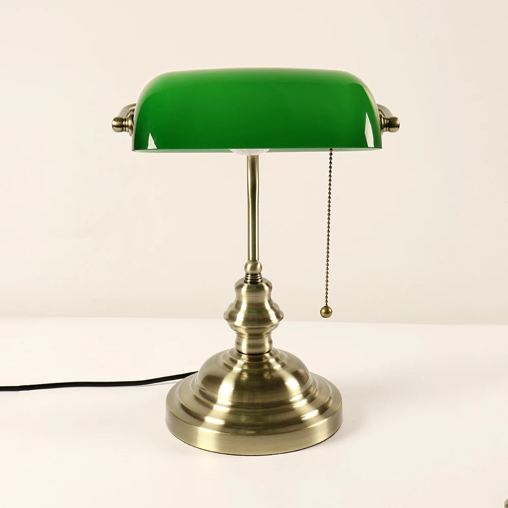 Glass Banker's Desk Lamp with Zipper Switch - Vintage Table Light for Bedroom, Study, Library & Office