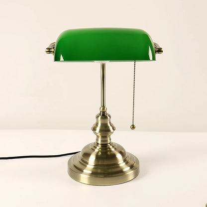 Glass Banker's Desk Lamp with Zipper Switch - Vintage Table Light for Bedroom, Study, Library & Office
