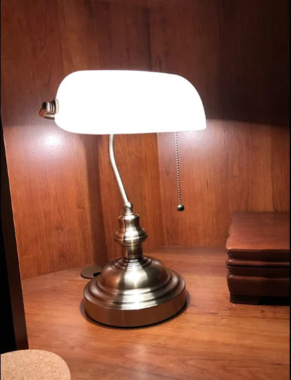 Glass Banker's Desk Lamp with Zipper Switch - Vintage Table Light for Bedroom, Study, Library & Office