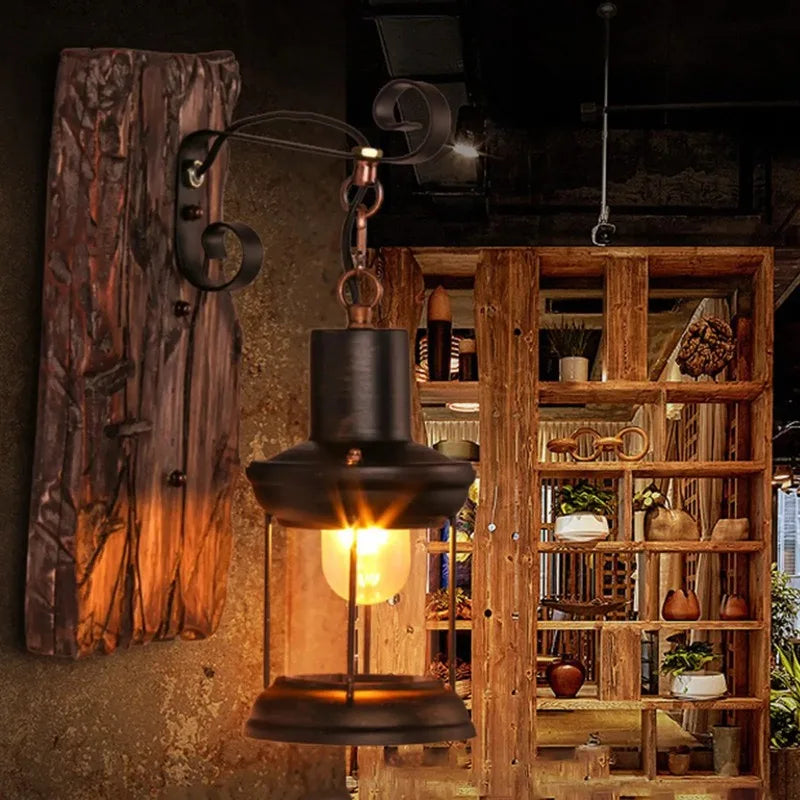 Antique New Style Industrial Wood Wall Sconce - Rustic Wall Lamp with Iron Metal Art for Bar Loft Corridor Decor