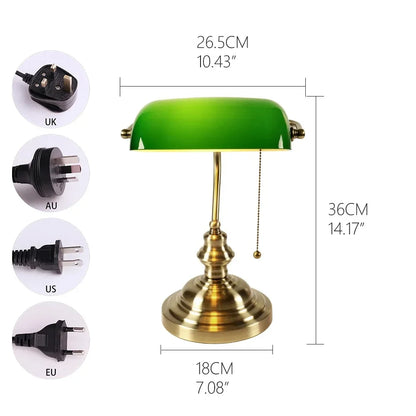 Glass Banker's Desk Lamp with Zipper Switch - Vintage Table Light for Bedroom, Study, Library & Office
