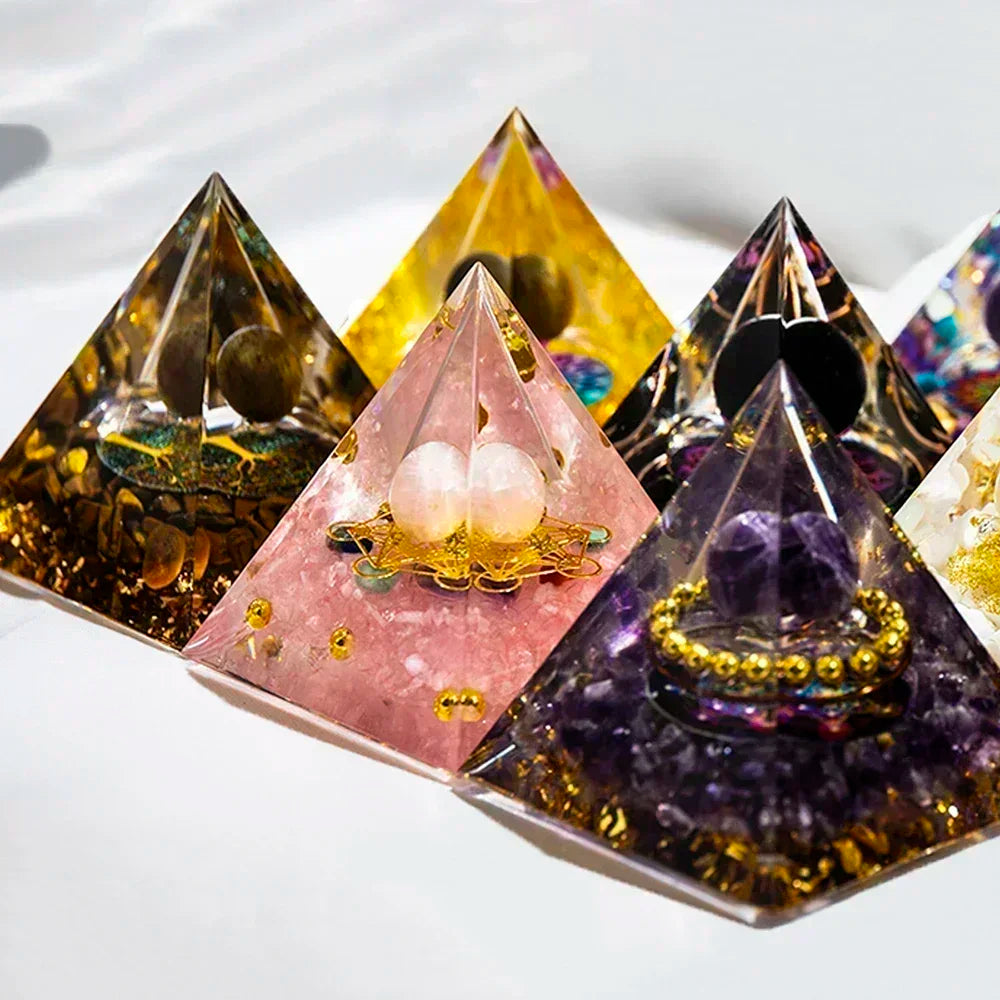 Natural Crystal Energy Generator Pyramid - Peridot Amethyst Reiki Healing Chakra Resin Pyramid Egyptian Home Decor