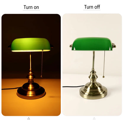 Glass Banker's Desk Lamp with Zipper Switch - Vintage Table Light for Bedroom, Study, Library & Office