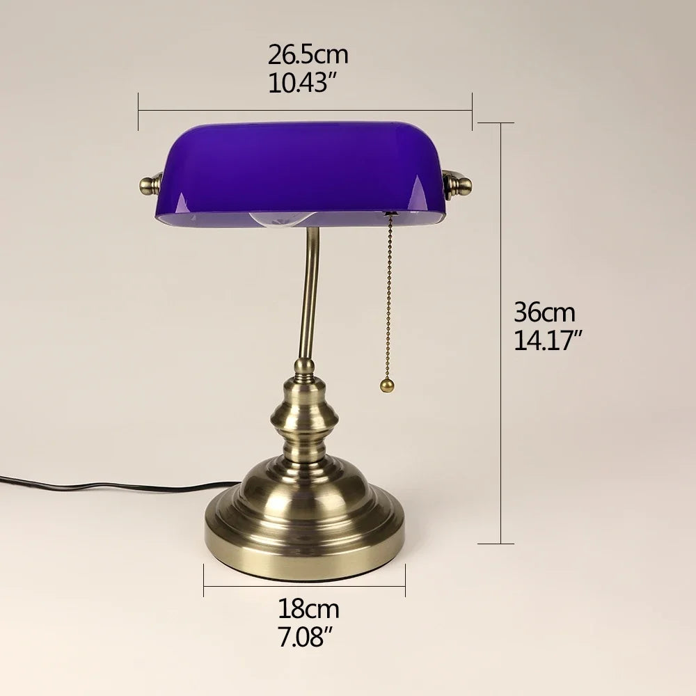 Glass Banker's Desk Lamp with Zipper Switch - Vintage Table Light for Bedroom, Study, Library & Office