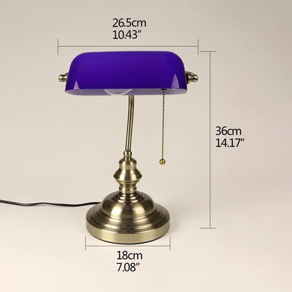 Glass Banker's Desk Lamp with Zipper Switch - Vintage Table Light for Bedroom, Study, Library & Office