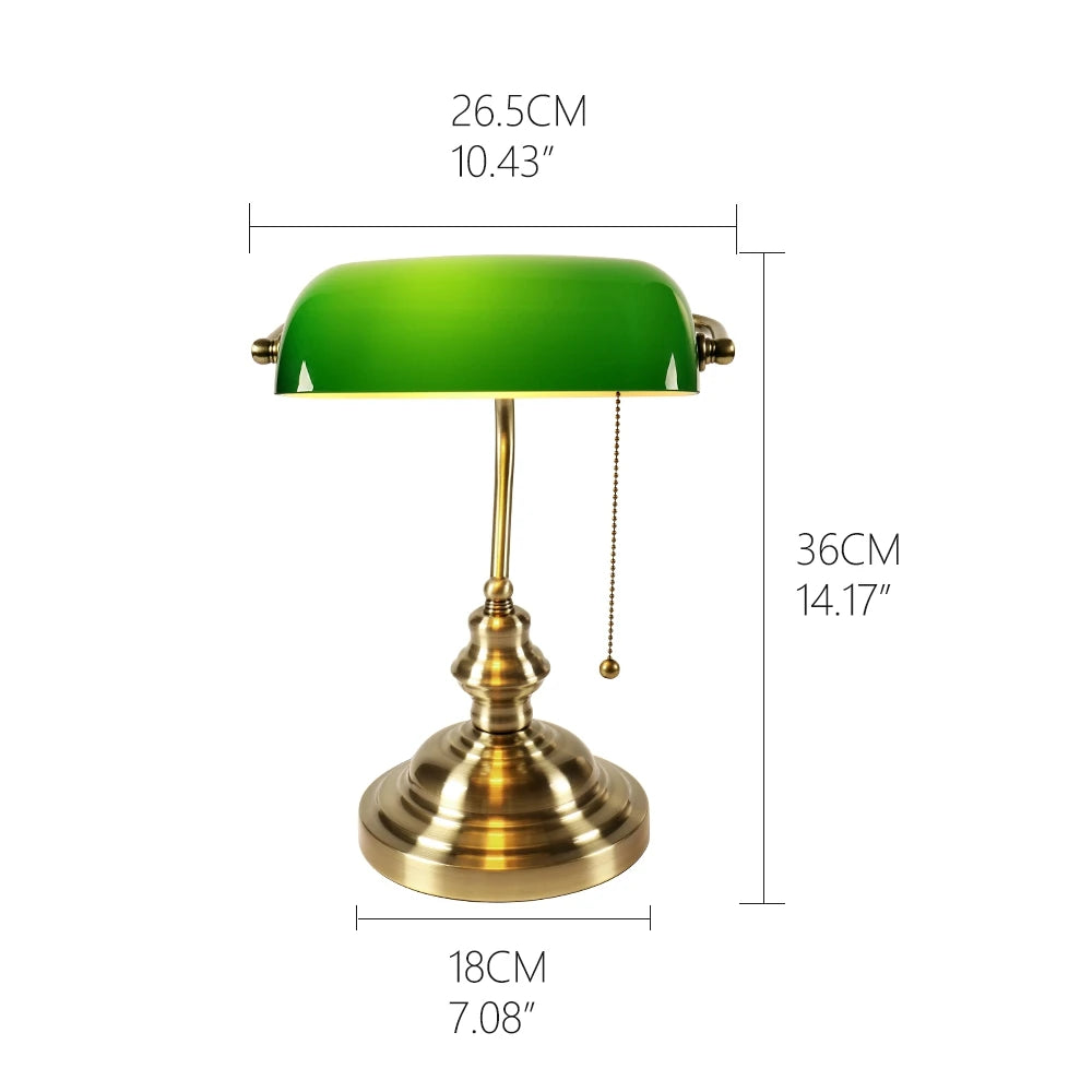 Glass Banker's Desk Lamp with Zipper Switch - Vintage Table Light for Bedroom, Study, Library & Office
