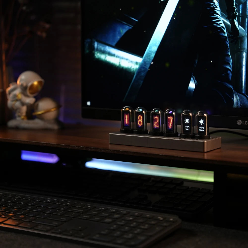 WiFi Nixie Tube Alarm Clock - RGB Smart LED Clock with DIY Photo Display for Game Room Decor