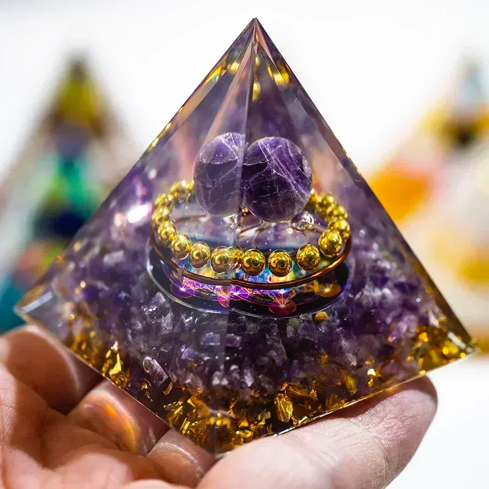 Natural Crystal Energy Generator Pyramid - Peridot Amethyst Reiki Healing Chakra Resin Pyramid Egyptian Home Decor