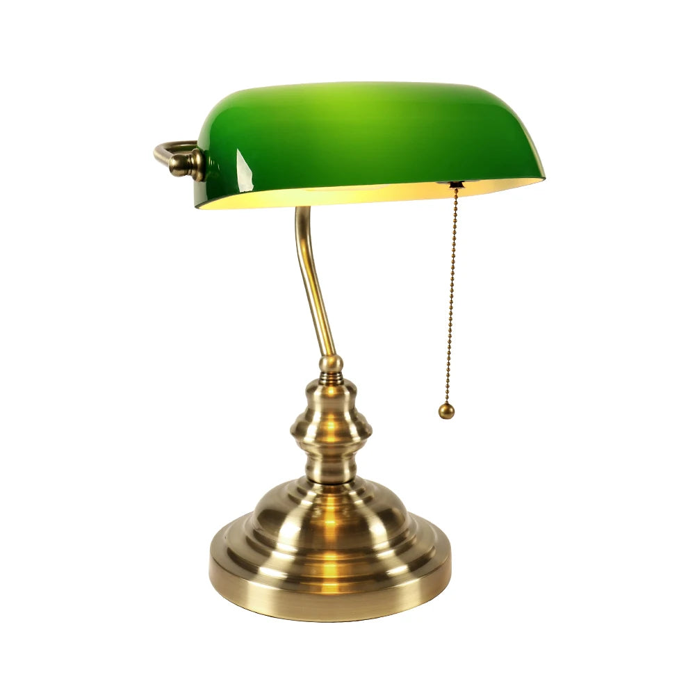 Glass Banker's Desk Lamp with Zipper Switch - Vintage Table Light for Bedroom, Study, Library & Office