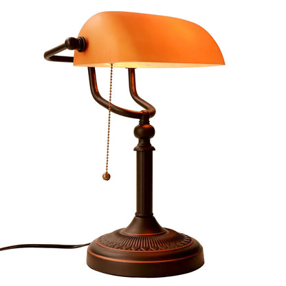 Glass Banker's Desk Lamp with Zipper Switch - Vintage Table Light for Bedroom, Study, Library & Office
