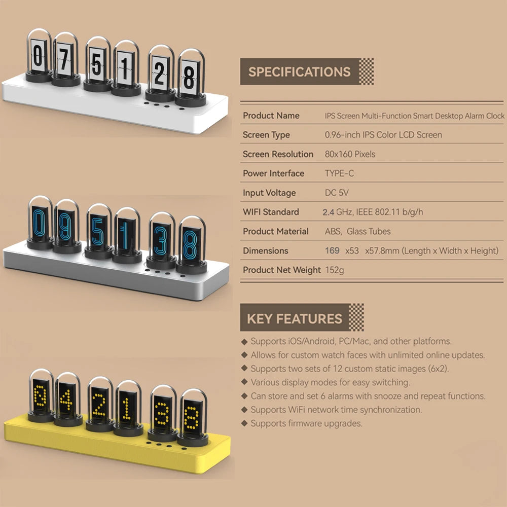 WiFi Nixie Tube Alarm Clock - RGB Smart LED Clock with DIY Photo Display for Game Room Decor