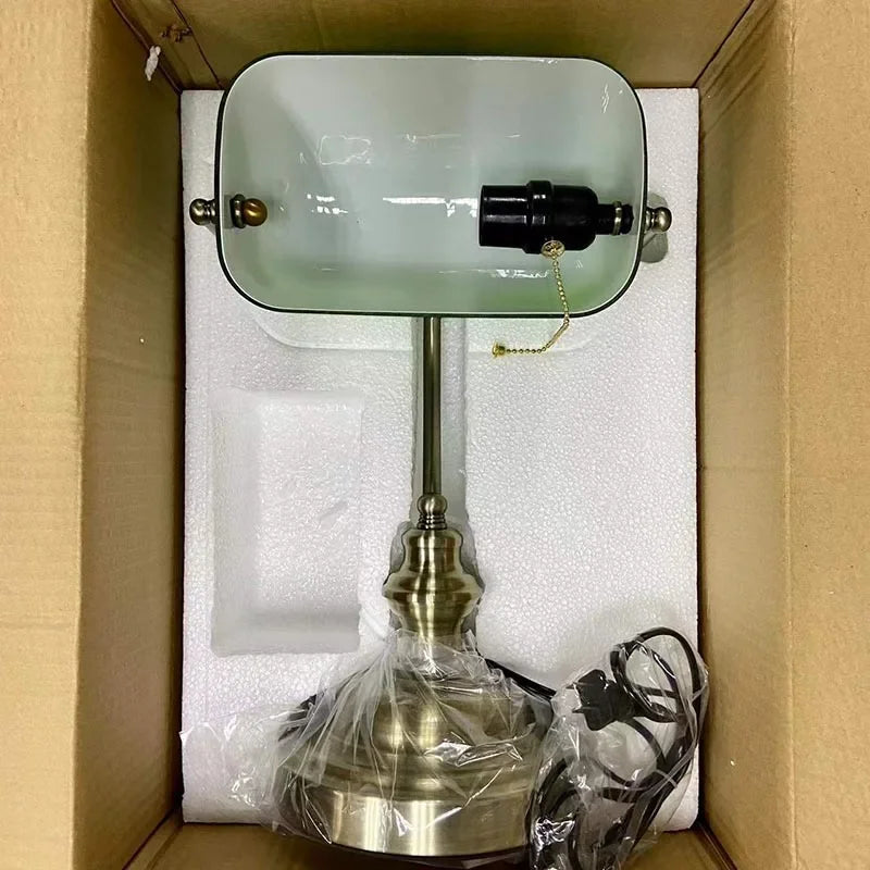 Glass Banker's Desk Lamp with Zipper Switch - Vintage Table Light for Bedroom, Study, Library & Office