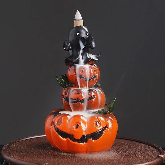 Resin Halloween Pumpkin Home Decor Ornament Waterfall Backflow Incense Burner Home Office Decorate (Without Incense)
