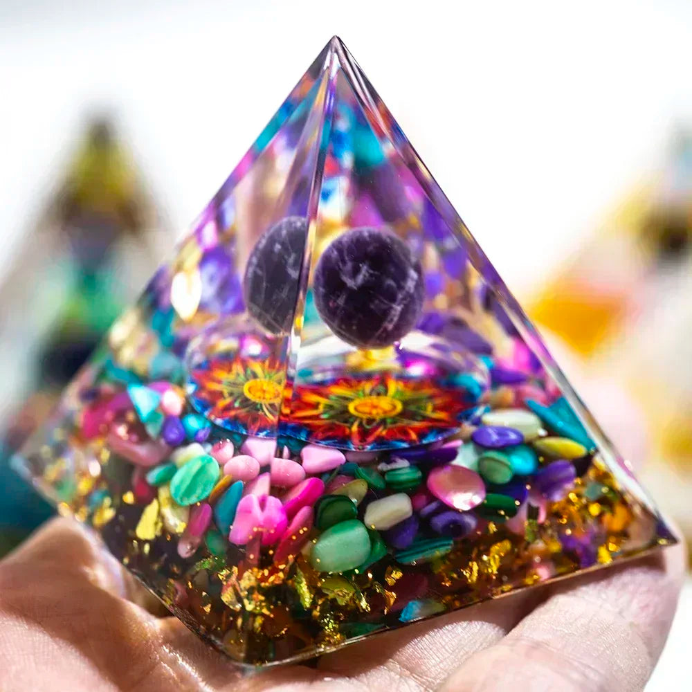Natural Crystal Energy Generator Pyramid - Peridot Amethyst Reiki Healing Chakra Resin Pyramid Egyptian Home Decor