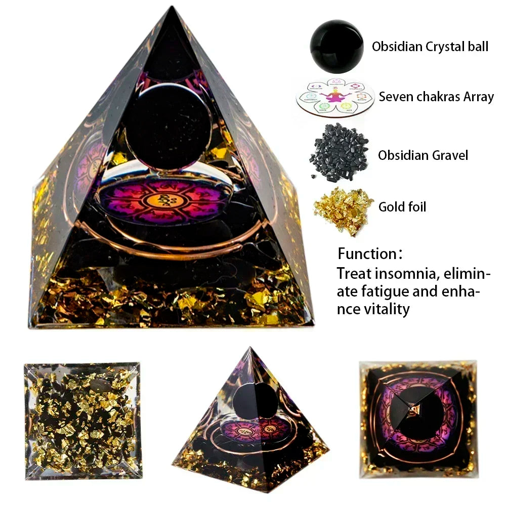 Natural Crystal Energy Generator Pyramid - Peridot Amethyst Reiki Healing Chakra Resin Pyramid Egyptian Home Decor