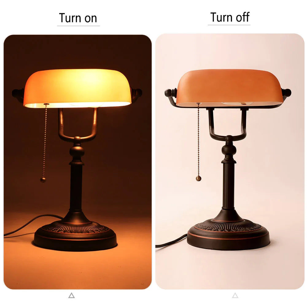 Glass Banker's Desk Lamp with Zipper Switch - Vintage Table Light for Bedroom, Study, Library & Office