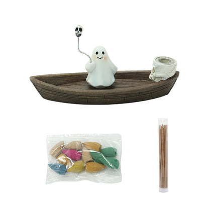 1Pc Resin Rotating Ghost Skeleton Boat Aromatherapy Stand, Halloween Home Decoration, Skeleton Incense Burner Bracket