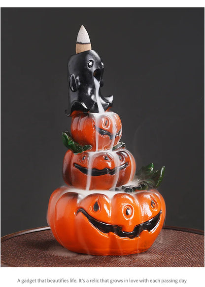 Resin Halloween Pumpkin Home Decor Ornament Waterfall Backflow Incense Burner Home Office Decorate (Without Incense)