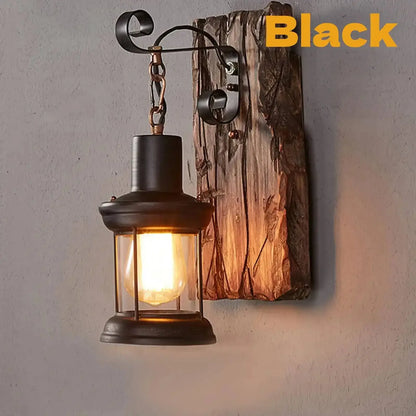 Antique New Style Industrial Wood Wall Sconce - Rustic Wall Lamp with Iron Metal Art for Bar Loft Corridor Decor